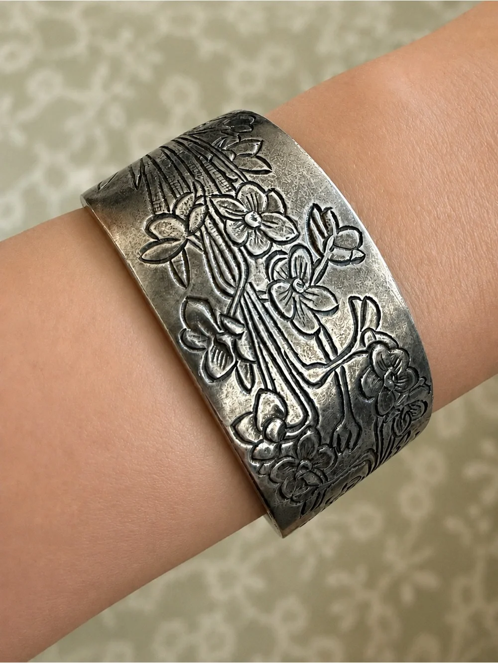 Vintage Floral Pewter Salisbury Pewter Bangle Cuff Bracelet “December “